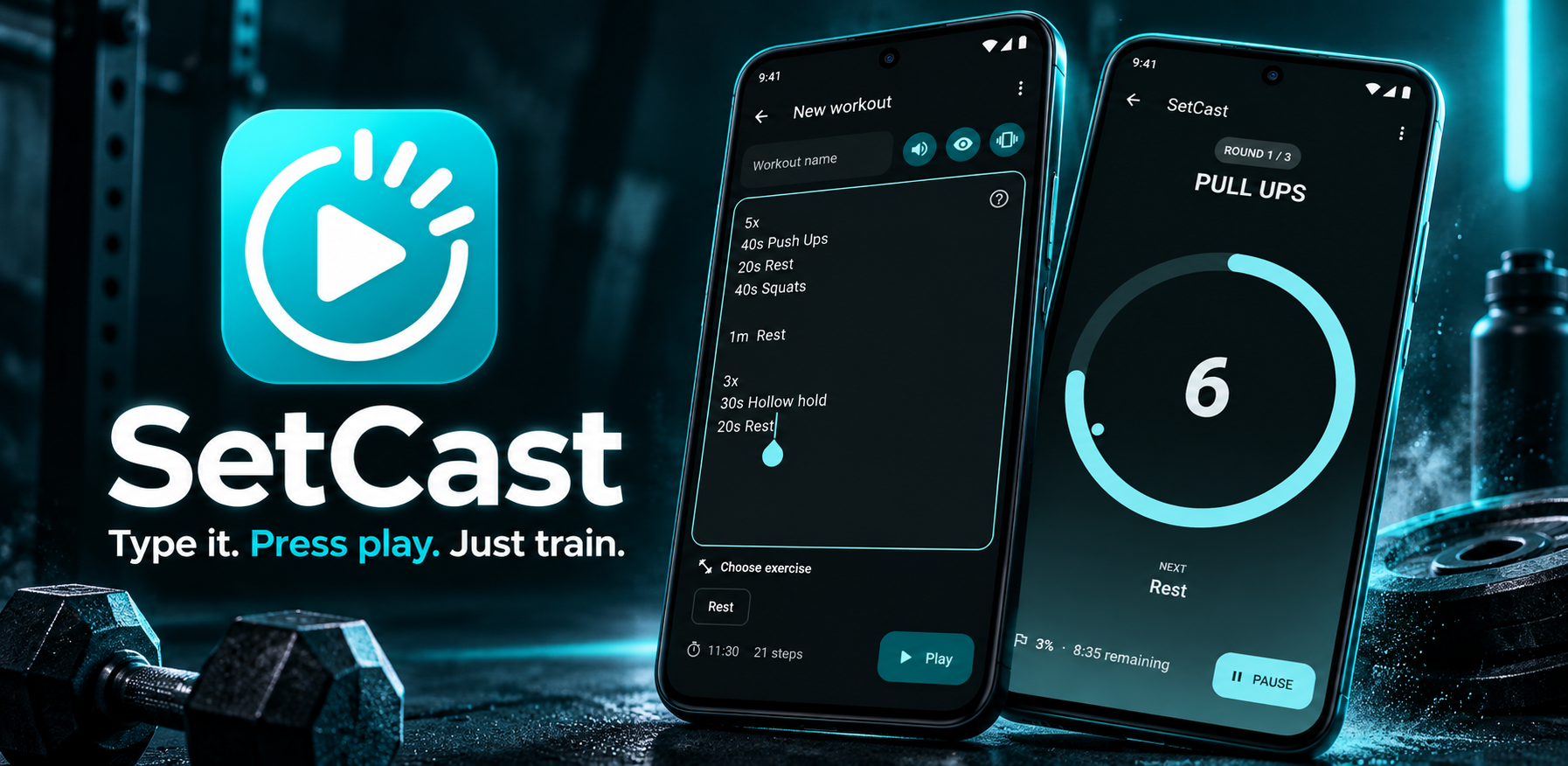 SetCast workout timer app showing workout creation and active training